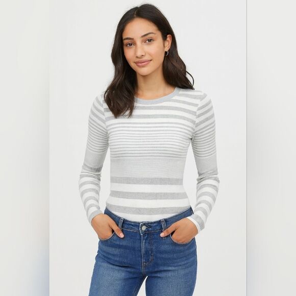 Stretch Cotton Slim Fit L/S Grey Striped Thermal Undershirt S Casual Preppy - Picture 1 of 6